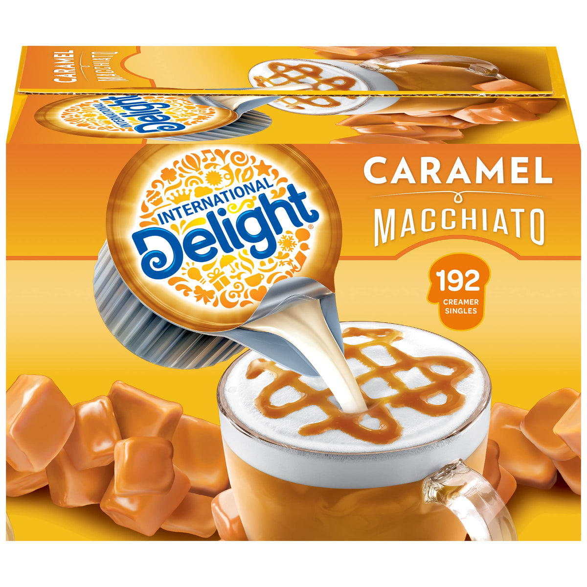 International Delight Caramel Macchiato pods in a box for quick on-the-go flavor.