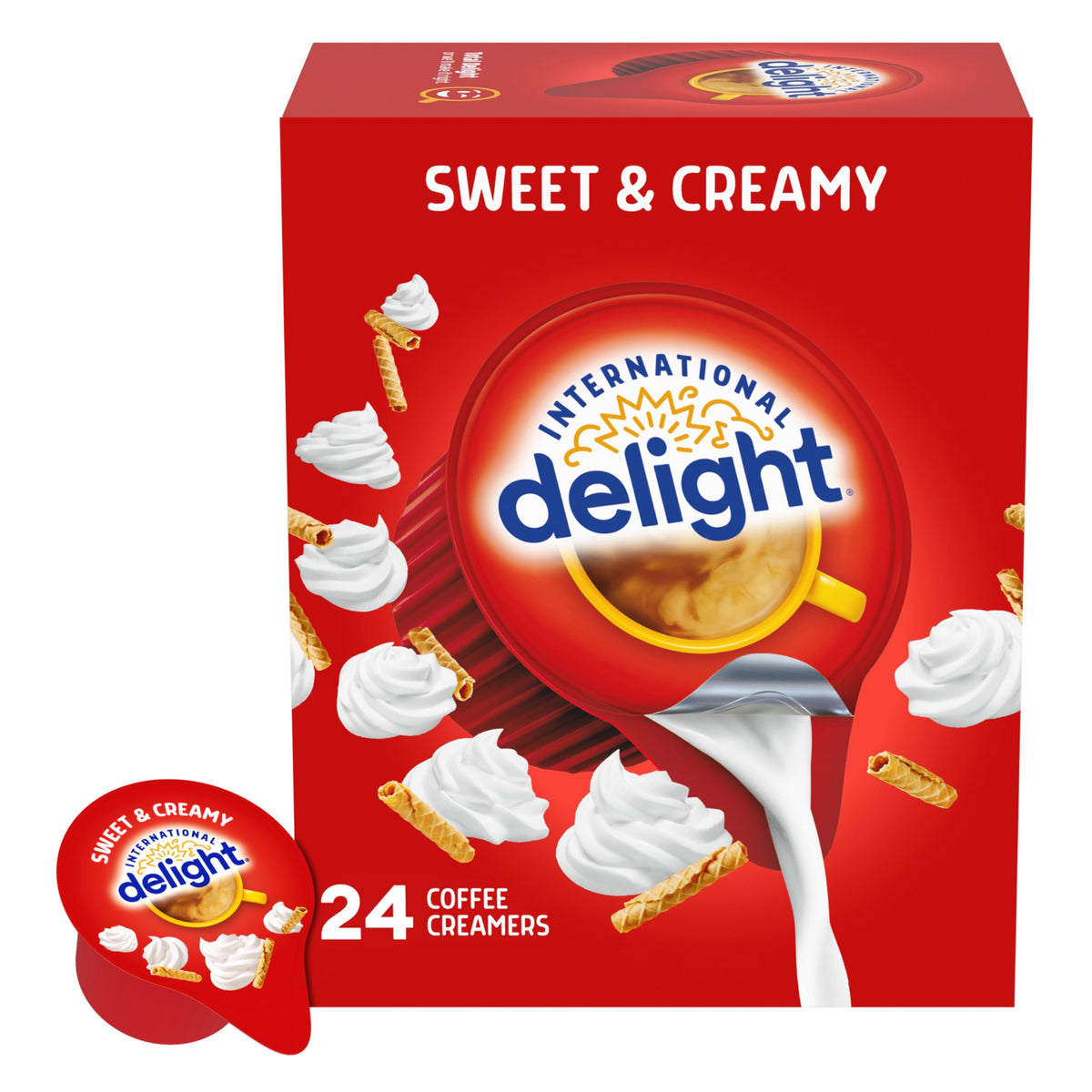 International Delight coffee creamer singles box, 24-pack, travel-friendly sweetness.