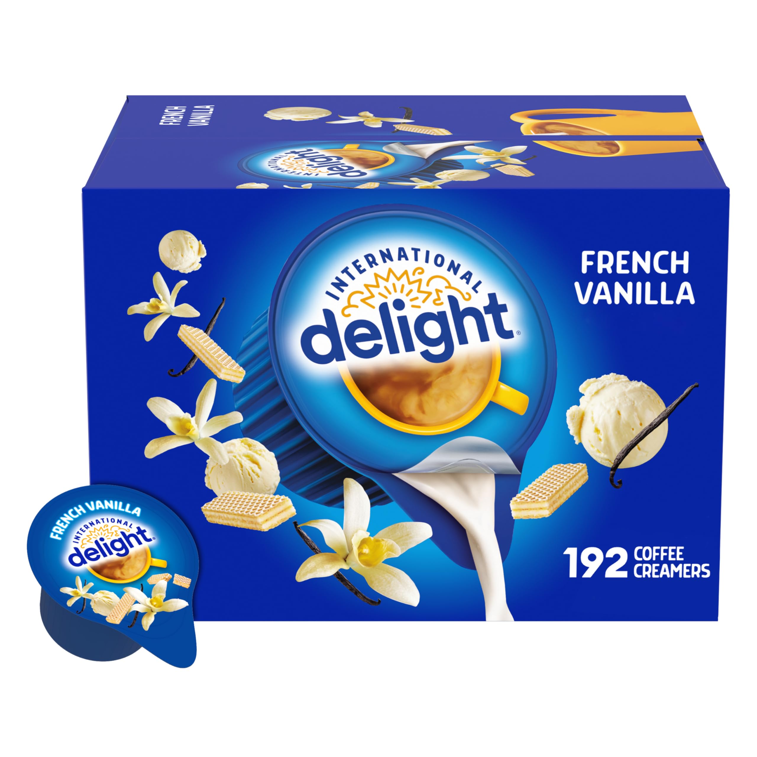 International Delight French Vanilla creamer pack, 192-count, ideal for homes and offices.