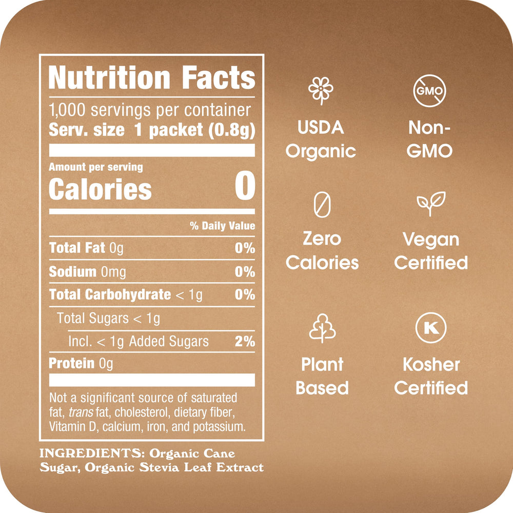 IN THE RAW Stevia Packets dissolving easily to sweeten beverages without calories.