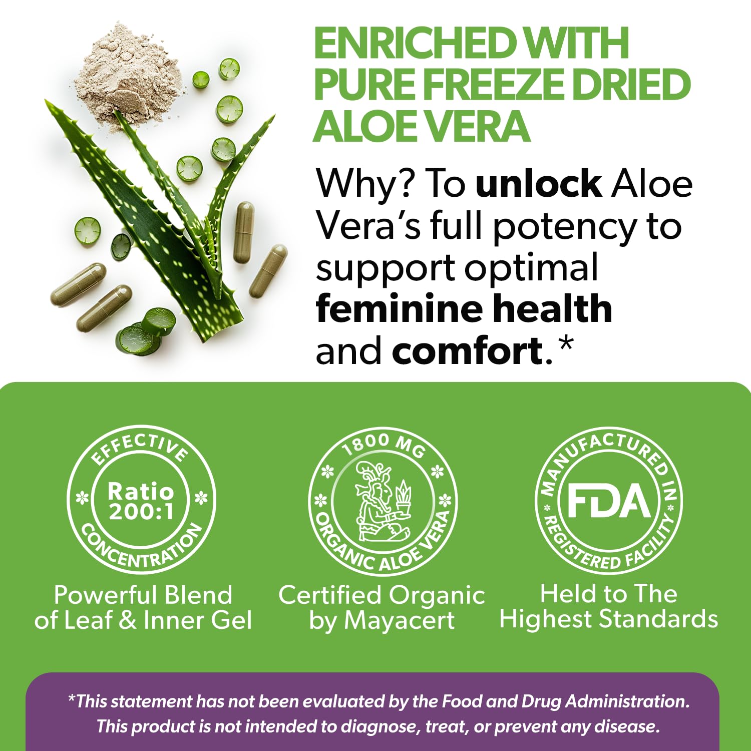 Ingredients panel shows aloe vera with D-Mannose for urinary health support.