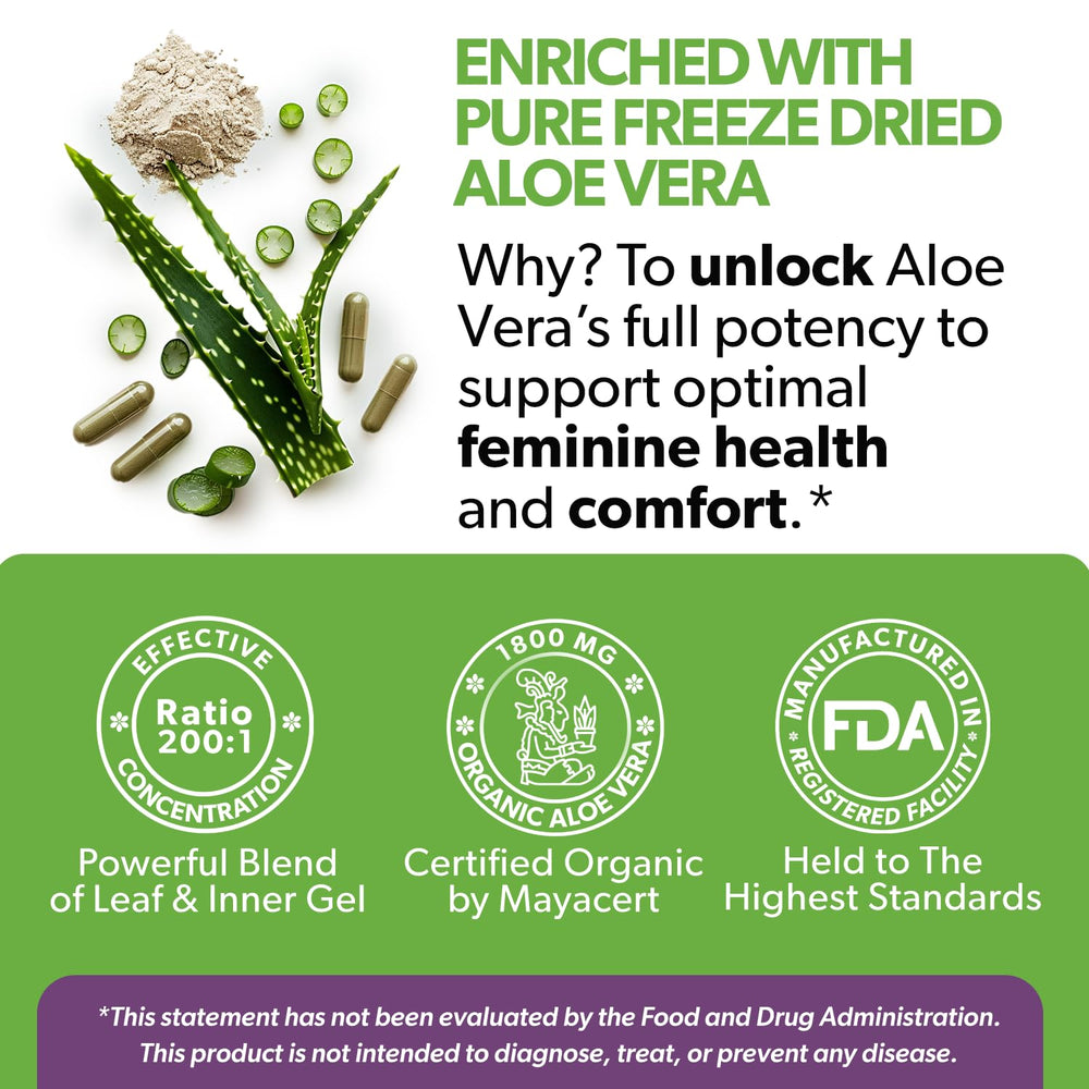 Ingredients panel shows aloe vera with D-Mannose for urinary health support.