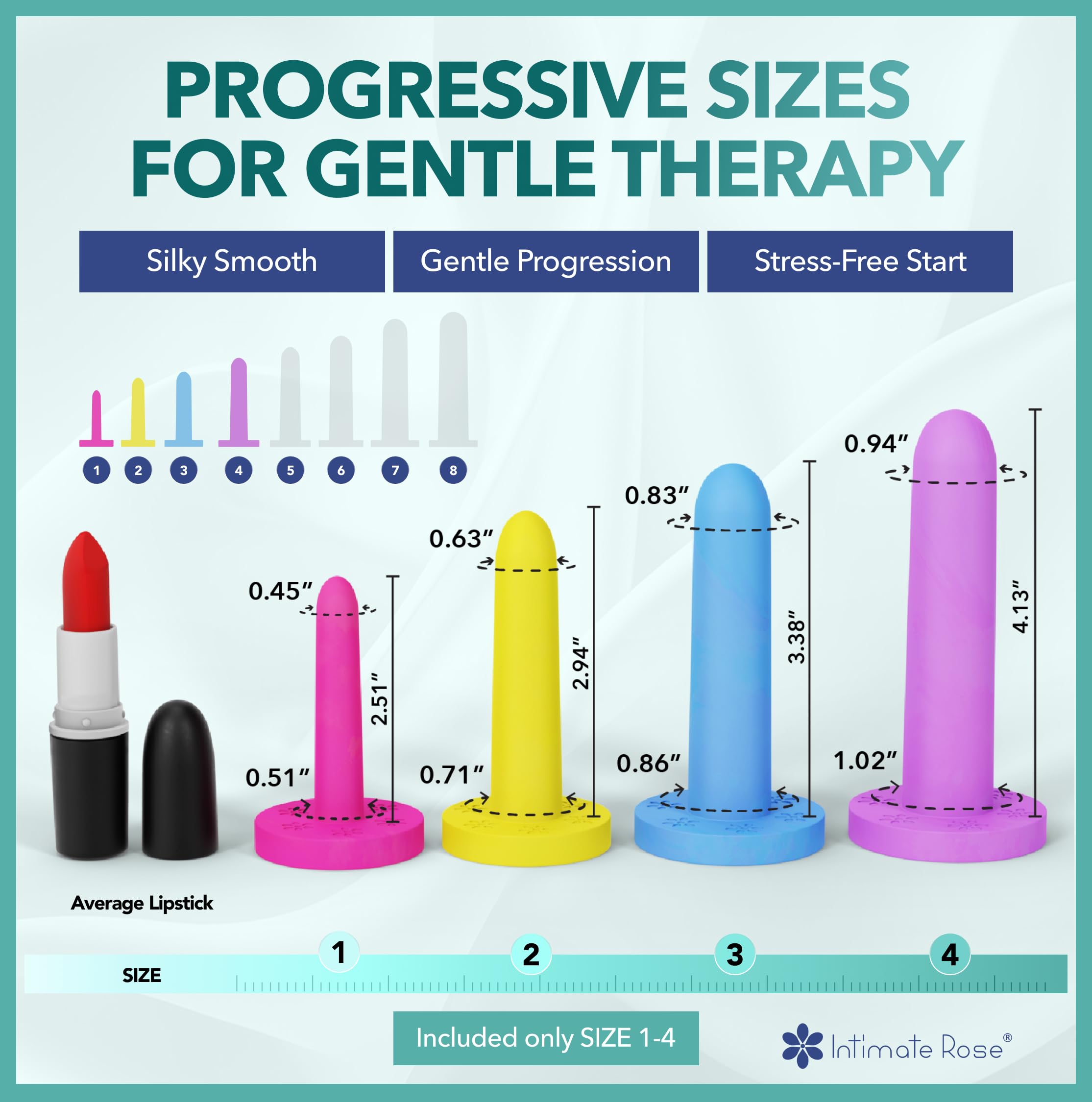 Intimate Rose vaginal dilators size 3 for larger progression with smooth silicone and comfortable finish.