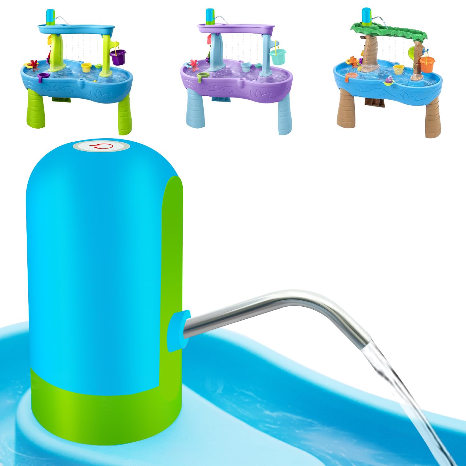 Intoypad Ultimate Water Table Pump demonstrates water flow on a sunny table for endless splash play.