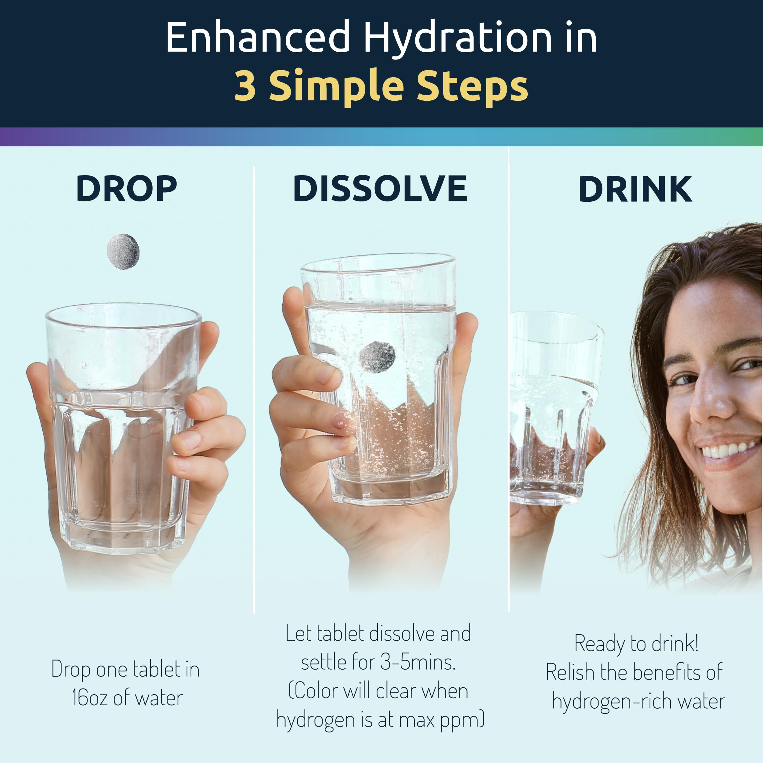 Invigorated Water magnesium-based tablets beside a clear glass.