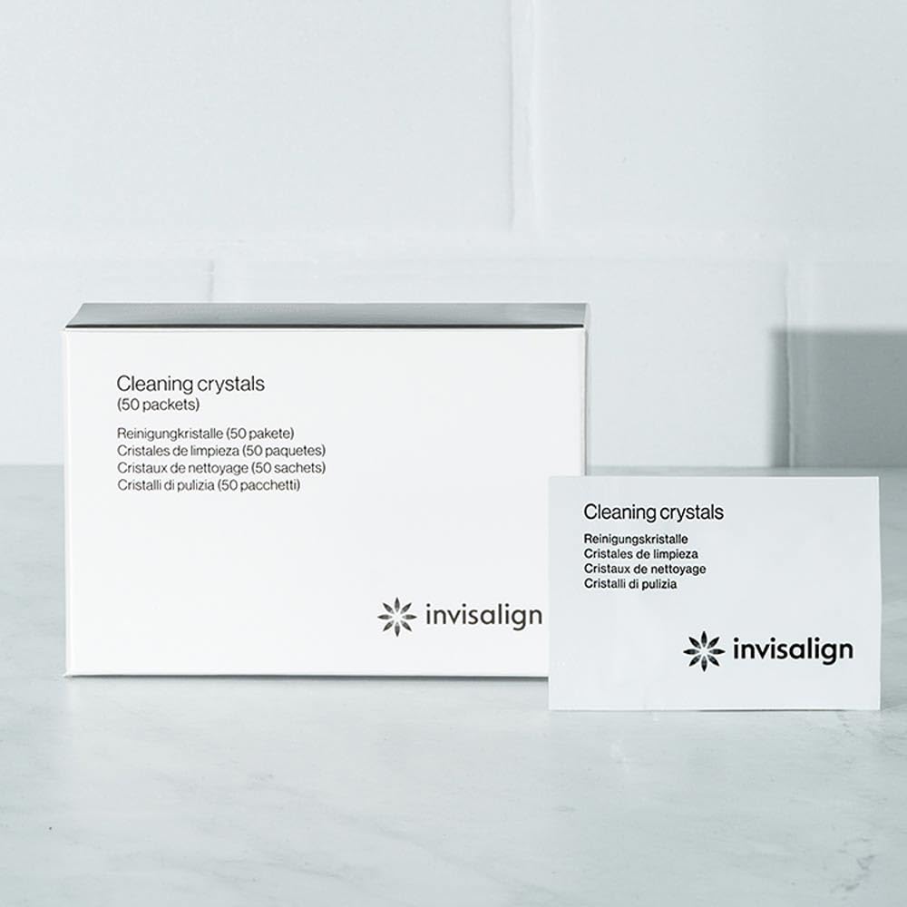 Invisalign Cleaning Crystals 50-pack box provides convenient cleaning kit.