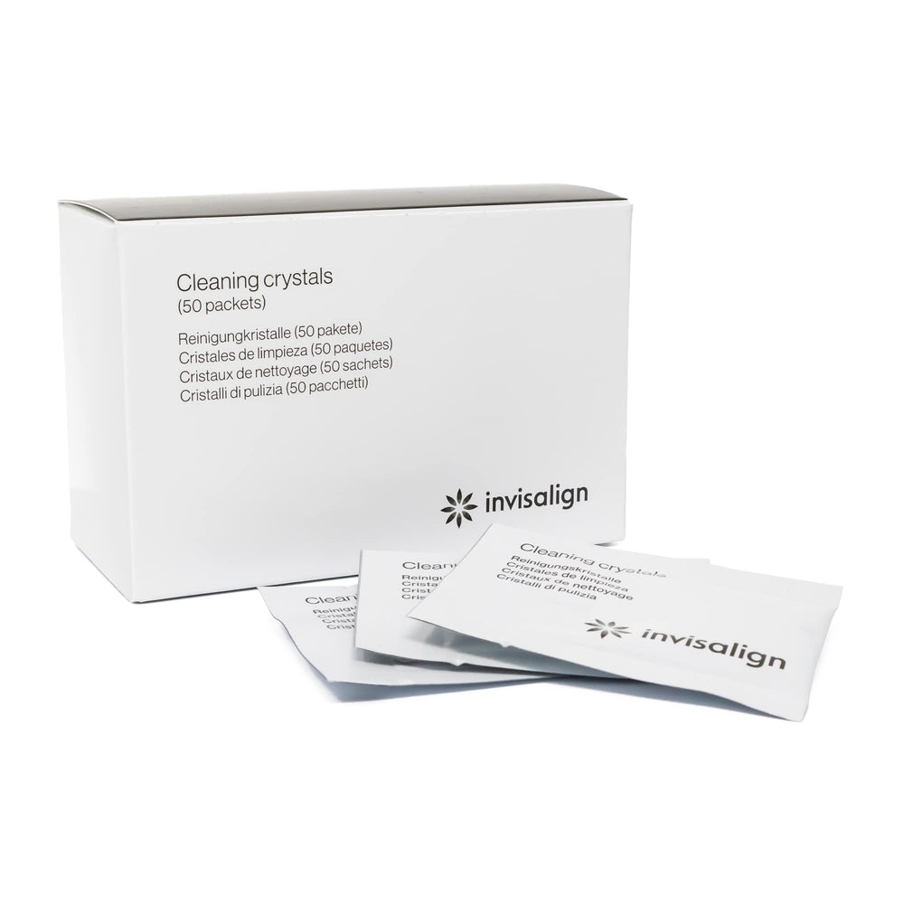 Invisalign Cleaning Crystals packet opened for quick aligner refresh.