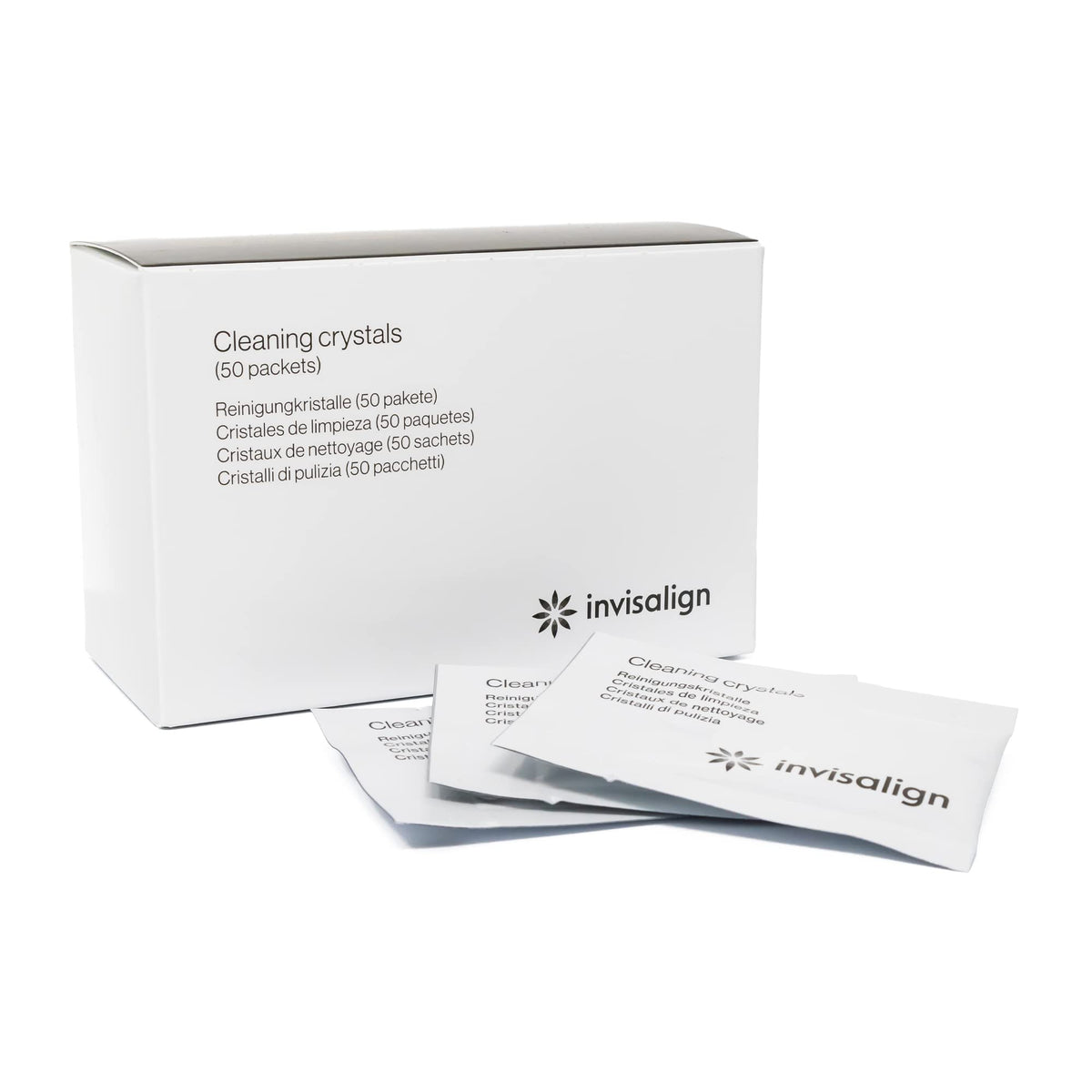 Invisalign Cleaning Crystals packet opened for quick aligner refresh.