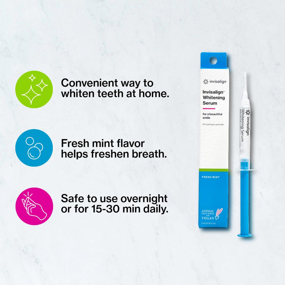 Invisalign whitening serum application onto aligners demonstrates nightly use for brighter smile.