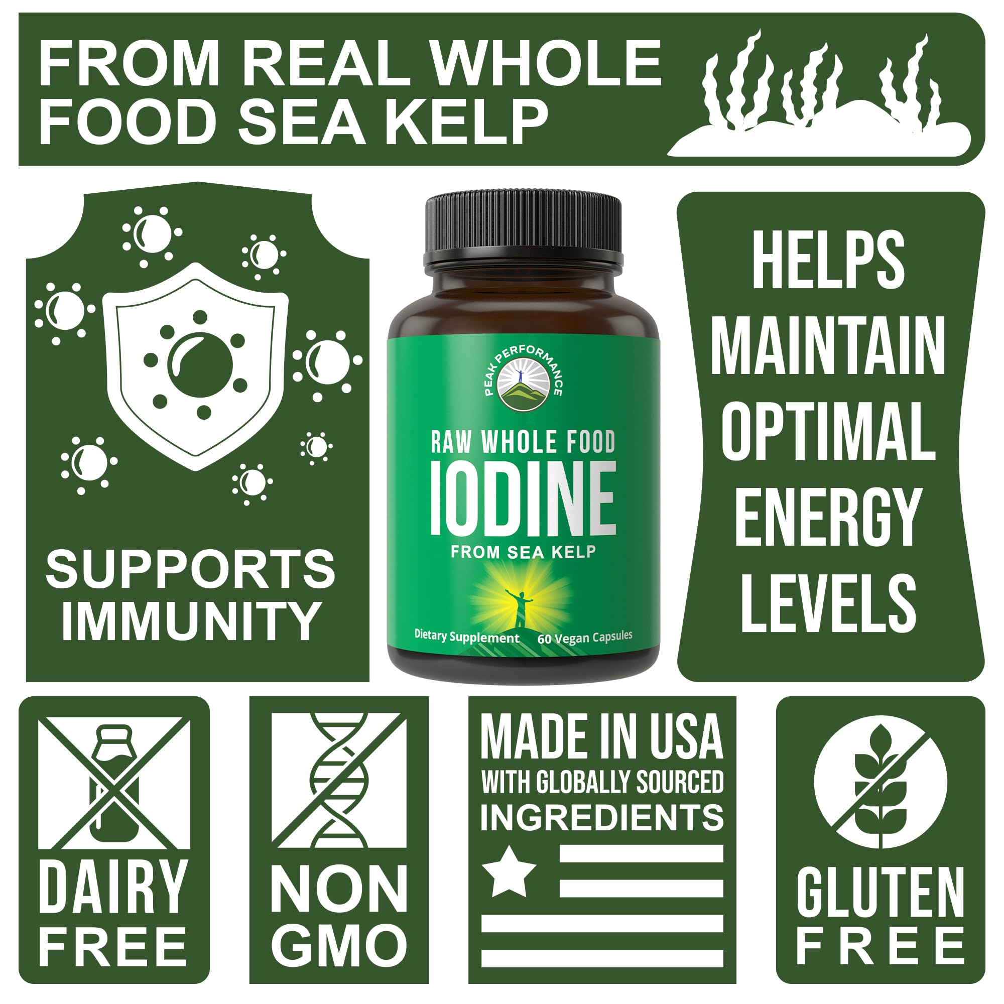 Iodine supplement packaging close-up showing vegan and GMO-free formula.