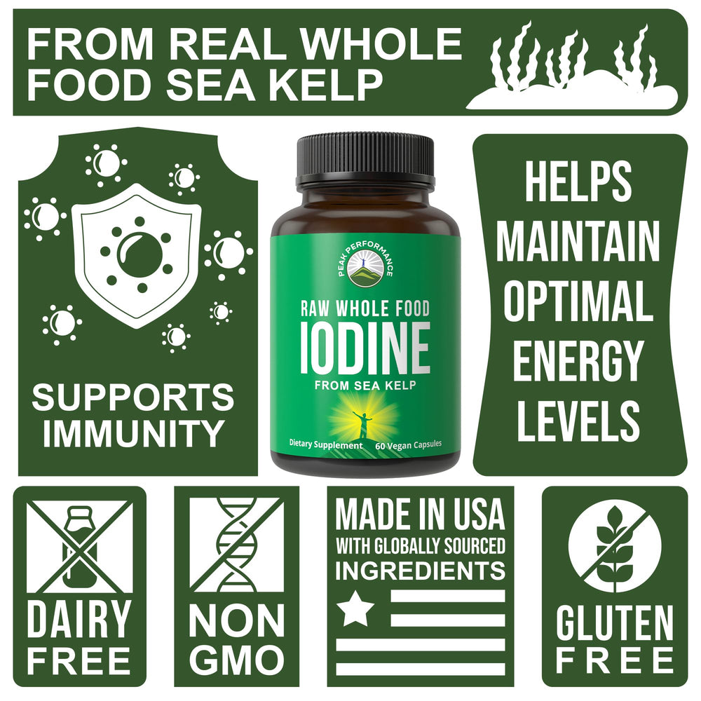 Iodine supplement packaging close-up showing vegan and GMO-free formula.
