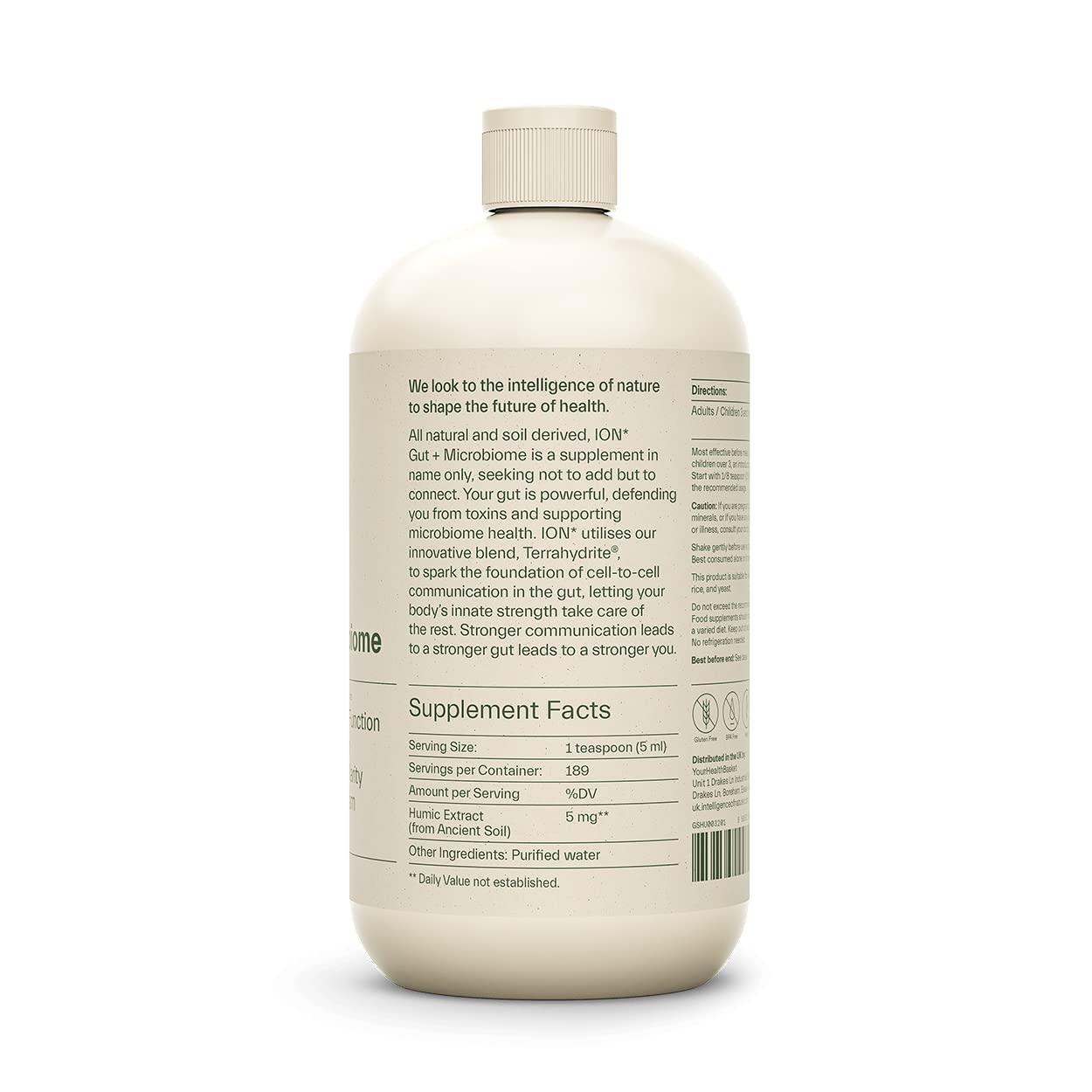 ION* Gut Support bottle label highlights natural humic extract for gut health.