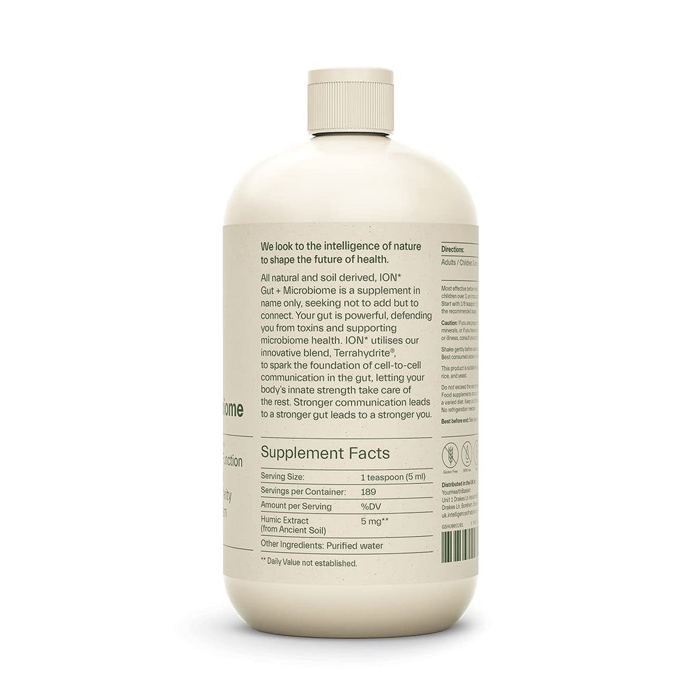 ION* Gut Support bottle label highlights natural humic extract for gut health.