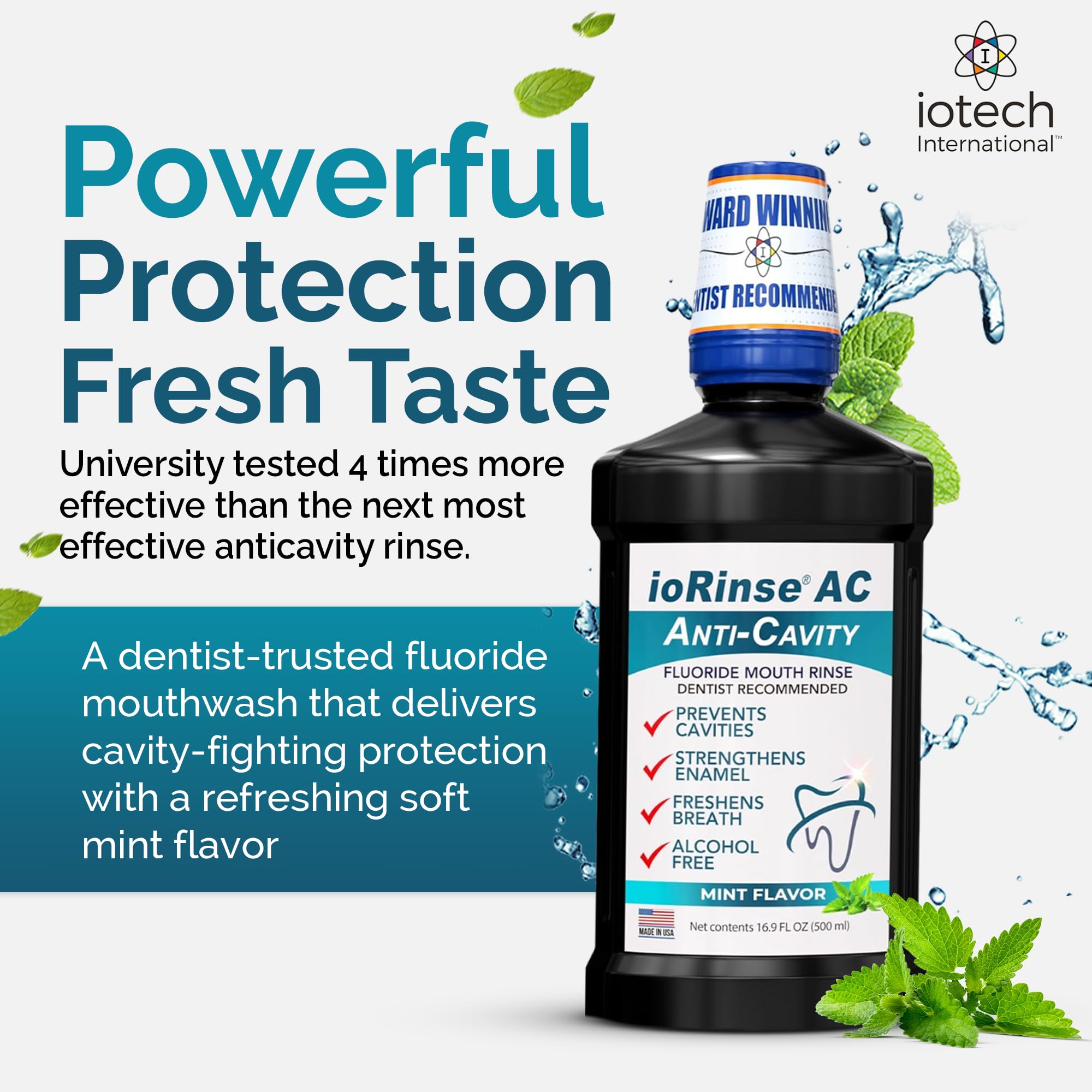 ioRinse AC bottle label close-up emphasizing iodine technology and cavity protection.