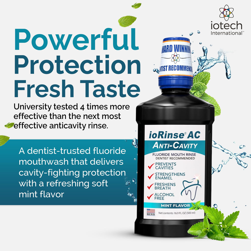 ioRinse AC bottle label close-up emphasizing iodine technology and cavity protection.