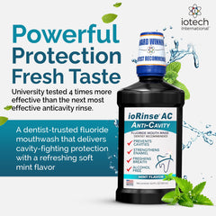 ioRinse AC bottle label close-up emphasizing iodine technology and cavity protection.