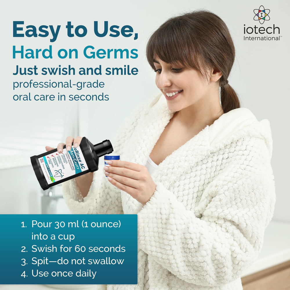 ioRinse AC iodine technology icon conveys powerful stain and decay prevention.