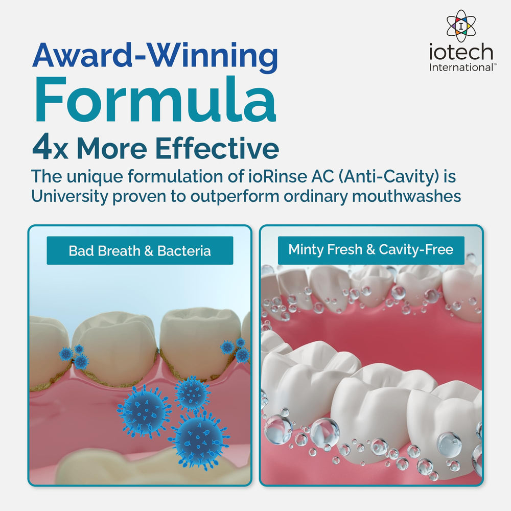 ioRinse AC mint splash shows refreshing rinse for sensitive mouths.