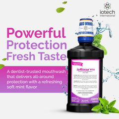 ioRinse bottle pour demonstrates quick, convenient rinsing for fresh breath after meals.
