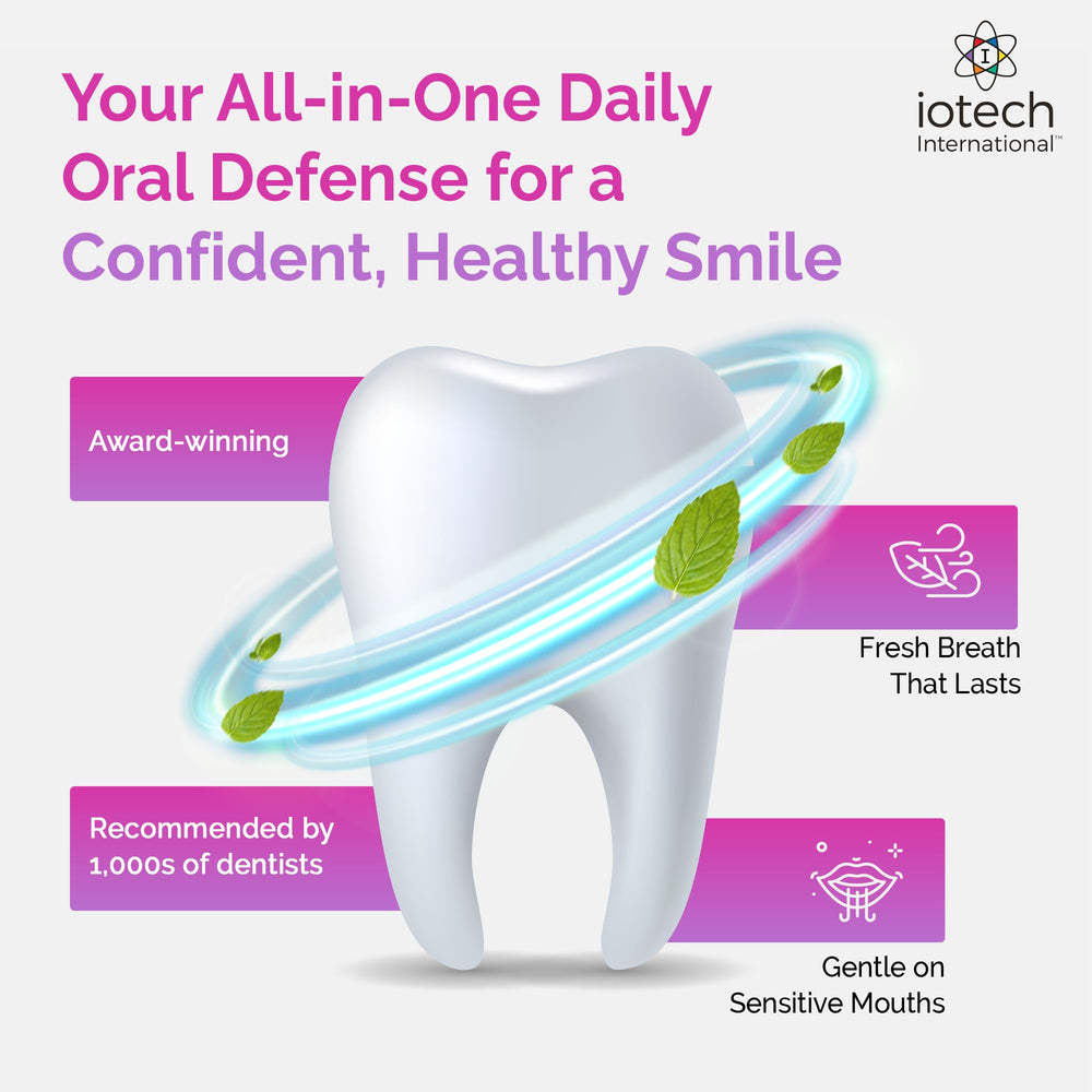 ioRinse soft mint cap close-up highlights gentle, alcohol-free formula for sensitive teeth.