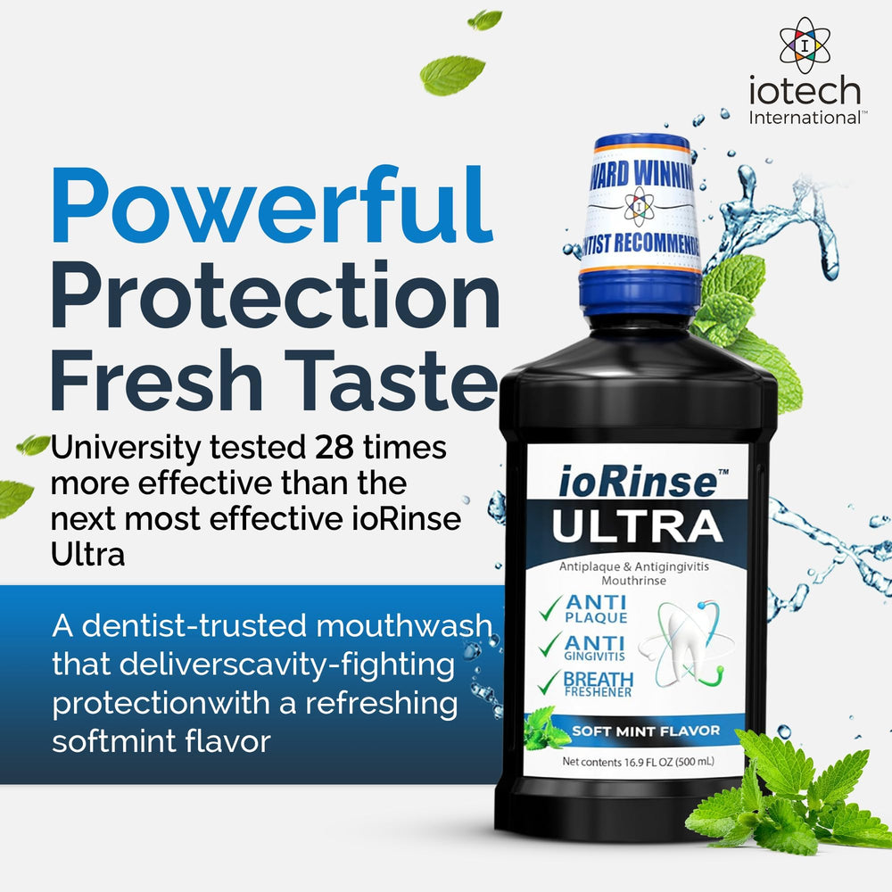 ioRinse Ultra bottle label highlighting xylitol for gum health and odor control.