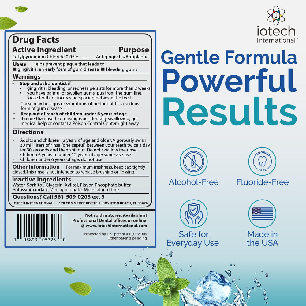 ioRinse Ultra gum health graphic illustrating reduction of gingivitis factors.