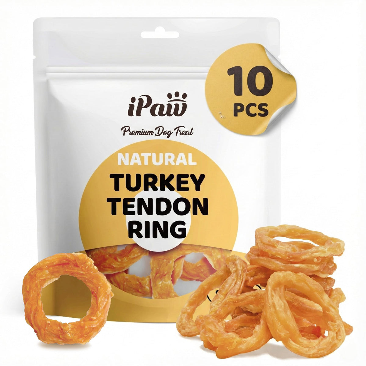 IPaw Turkey Tendon small braided chew close-up showing texture and chewability.