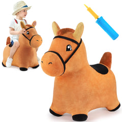 iplay ilearn brown hopping horse front view showing plush and safe design for toddler play