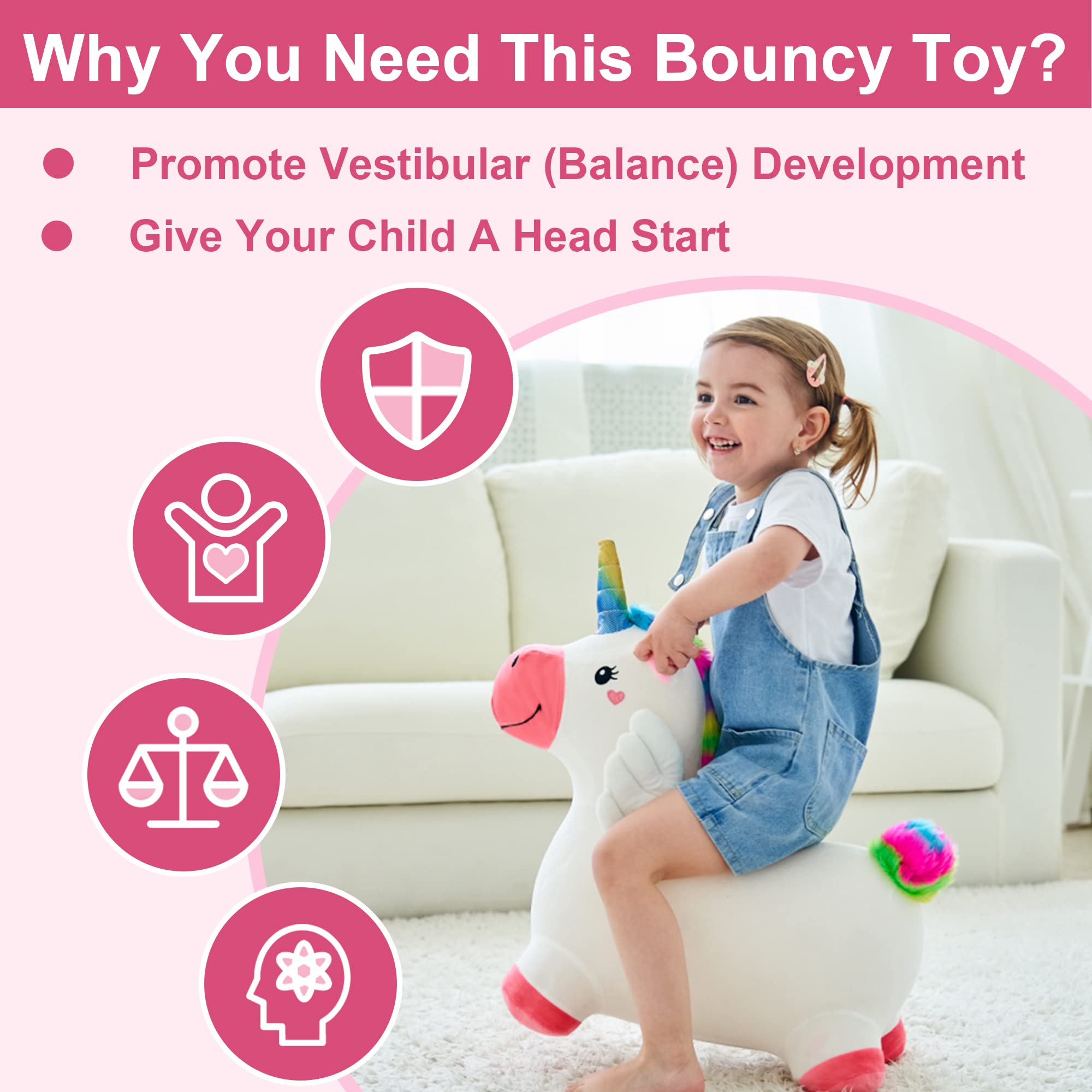 iPlay iLearn Unicorn Hopper side view highlights sturdy legs for stable bouncing