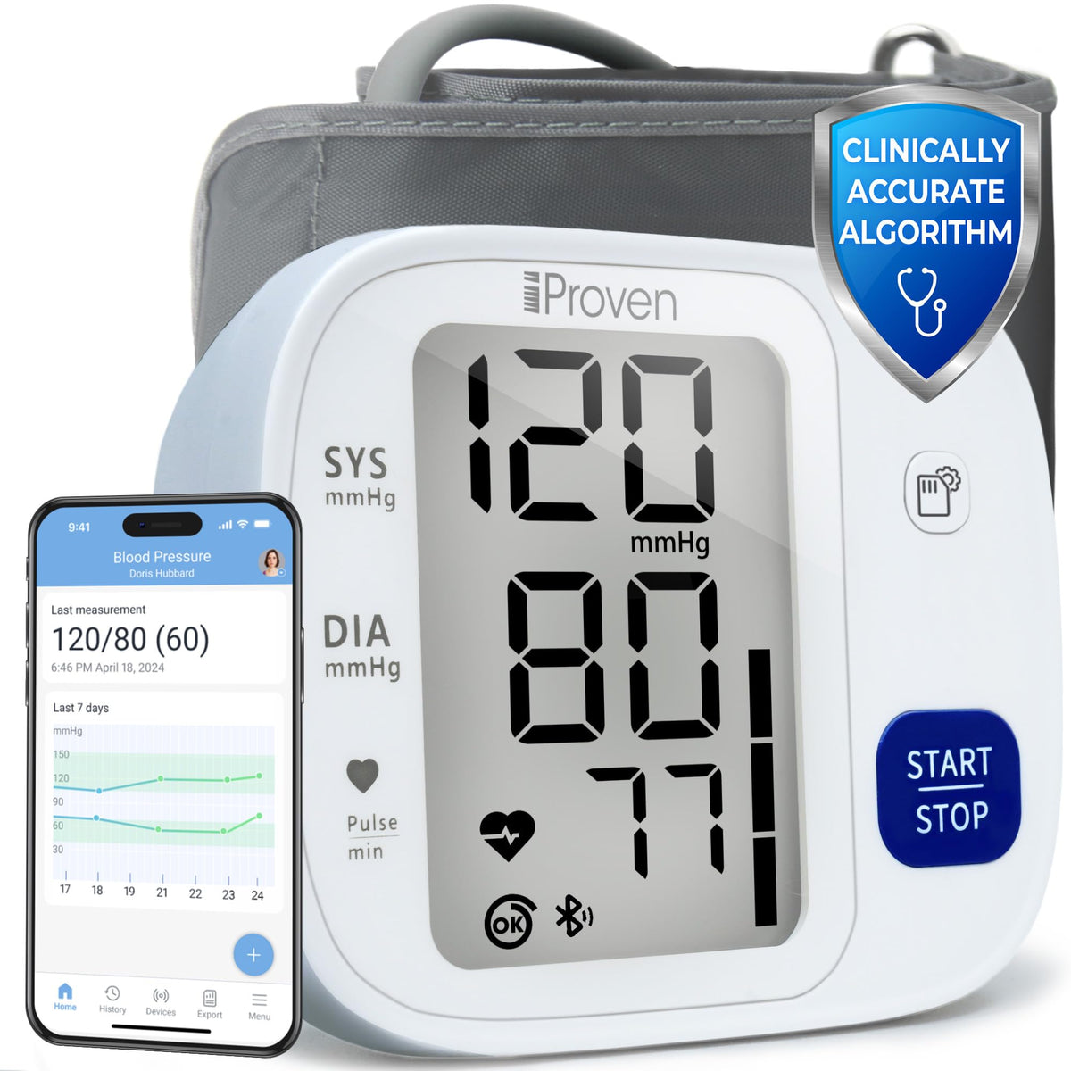 iProvèn blood pressure monitor front view with simple one-touch operation.