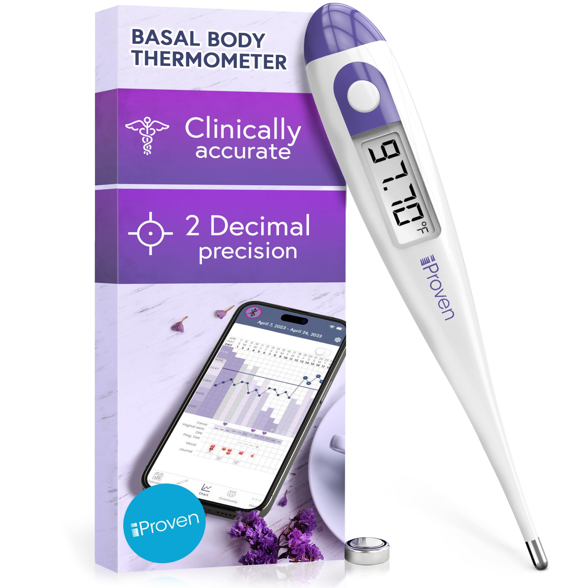 iProvèn digital basal thermometer shows 60-second reading with 1/100 degree precision