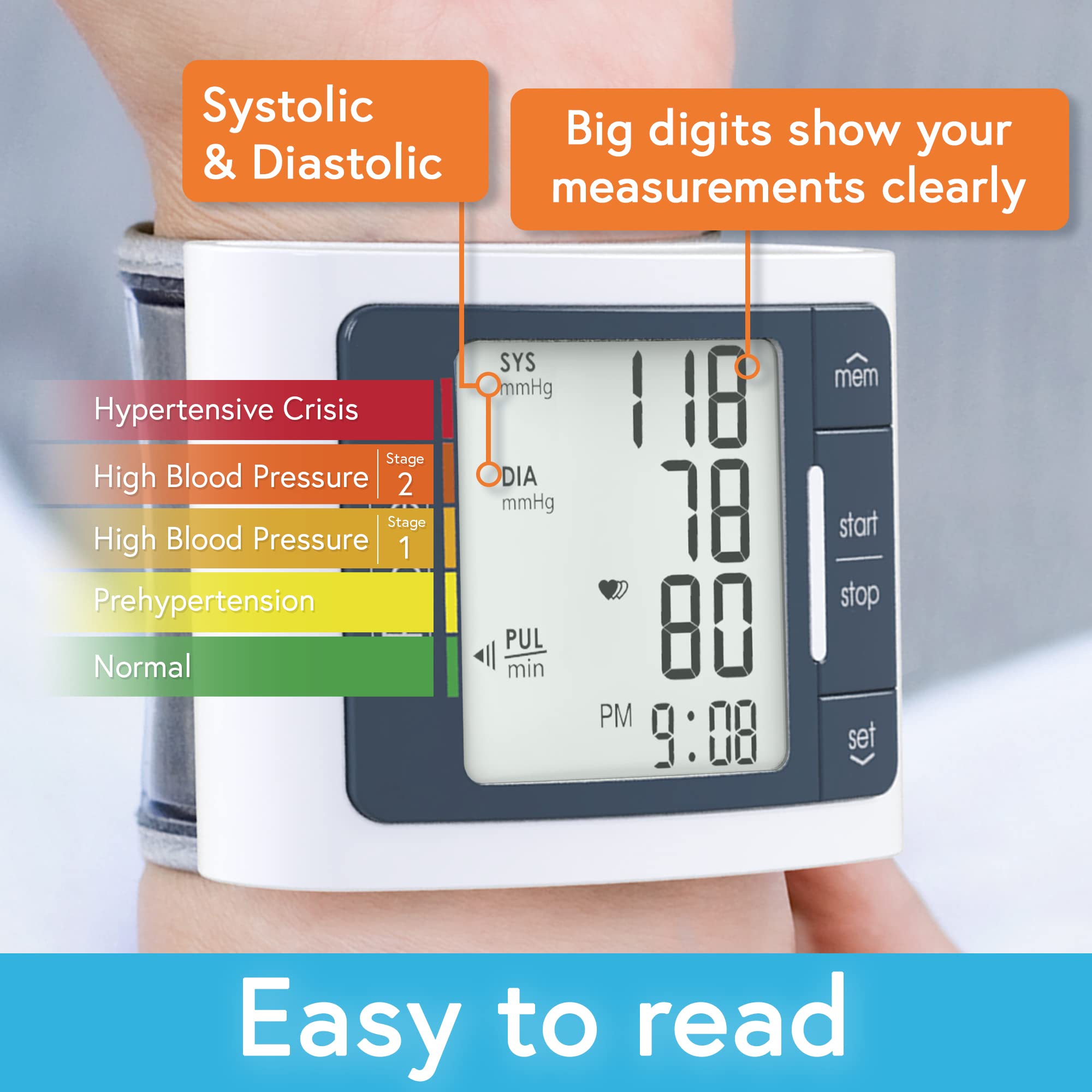 iProvèn wrist monitor shows heart rate on LCD for quick checks.