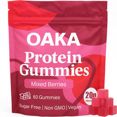 ipxkwll OAKA Protein Gummies bottle with 60 gummies and 20 g protein per serving.