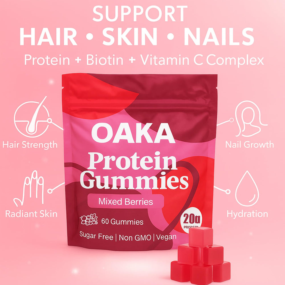 ipxkwll OAKA Protein Gummies ingredients panel emphasizes vegan, complete-protein blend.