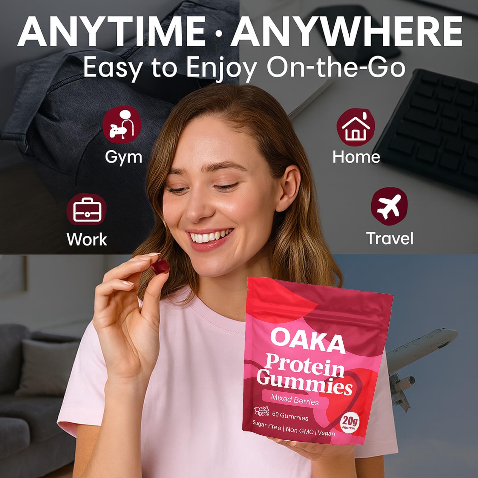 ipxkwll OAKA Protein Gummies zero-sugar lid close-up communicates guilt-free snacking.