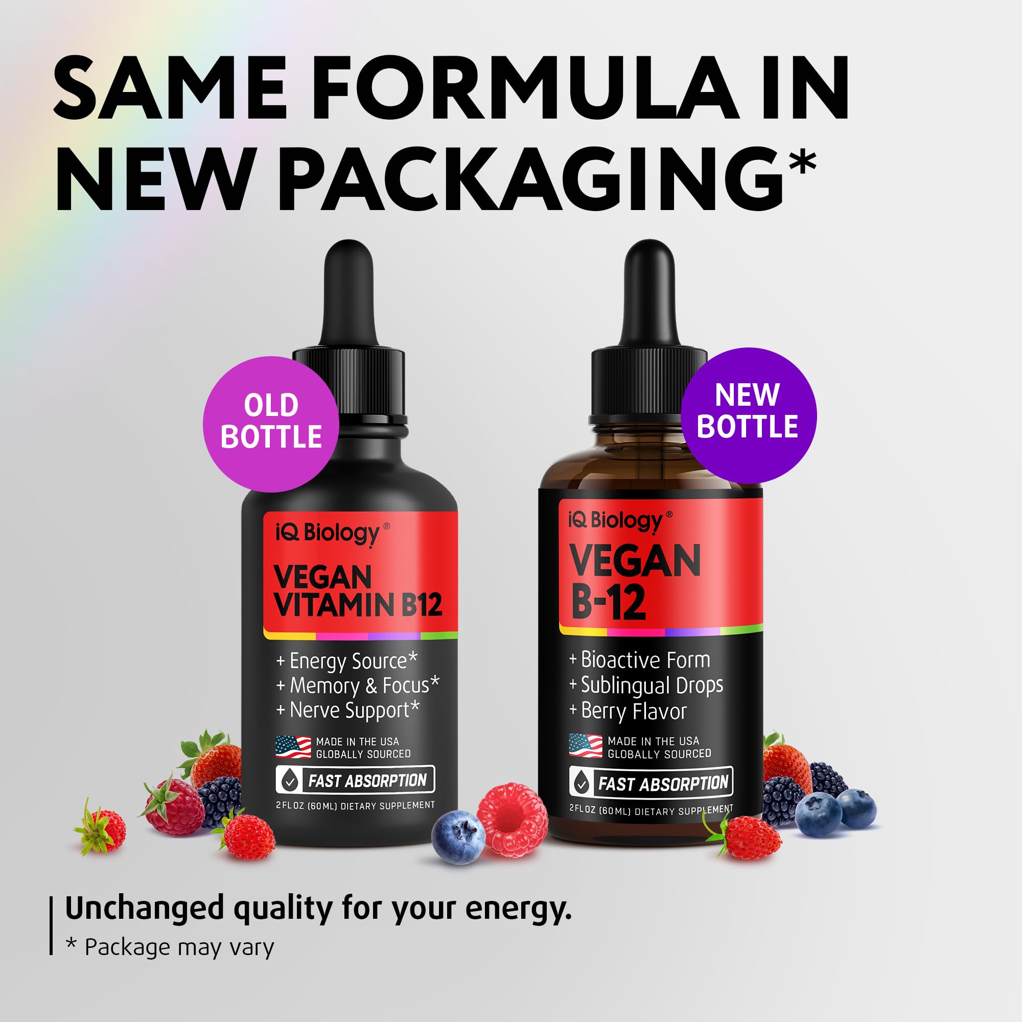 IQ Biology Berry flavored B12 drops for easy daily supplementation.