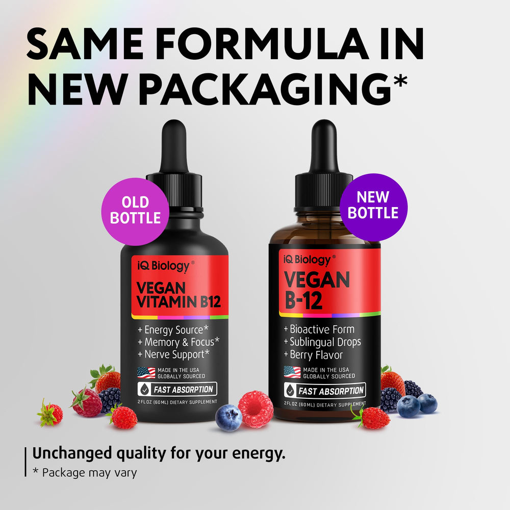 IQ Biology Berry flavored B12 drops for easy daily supplementation.