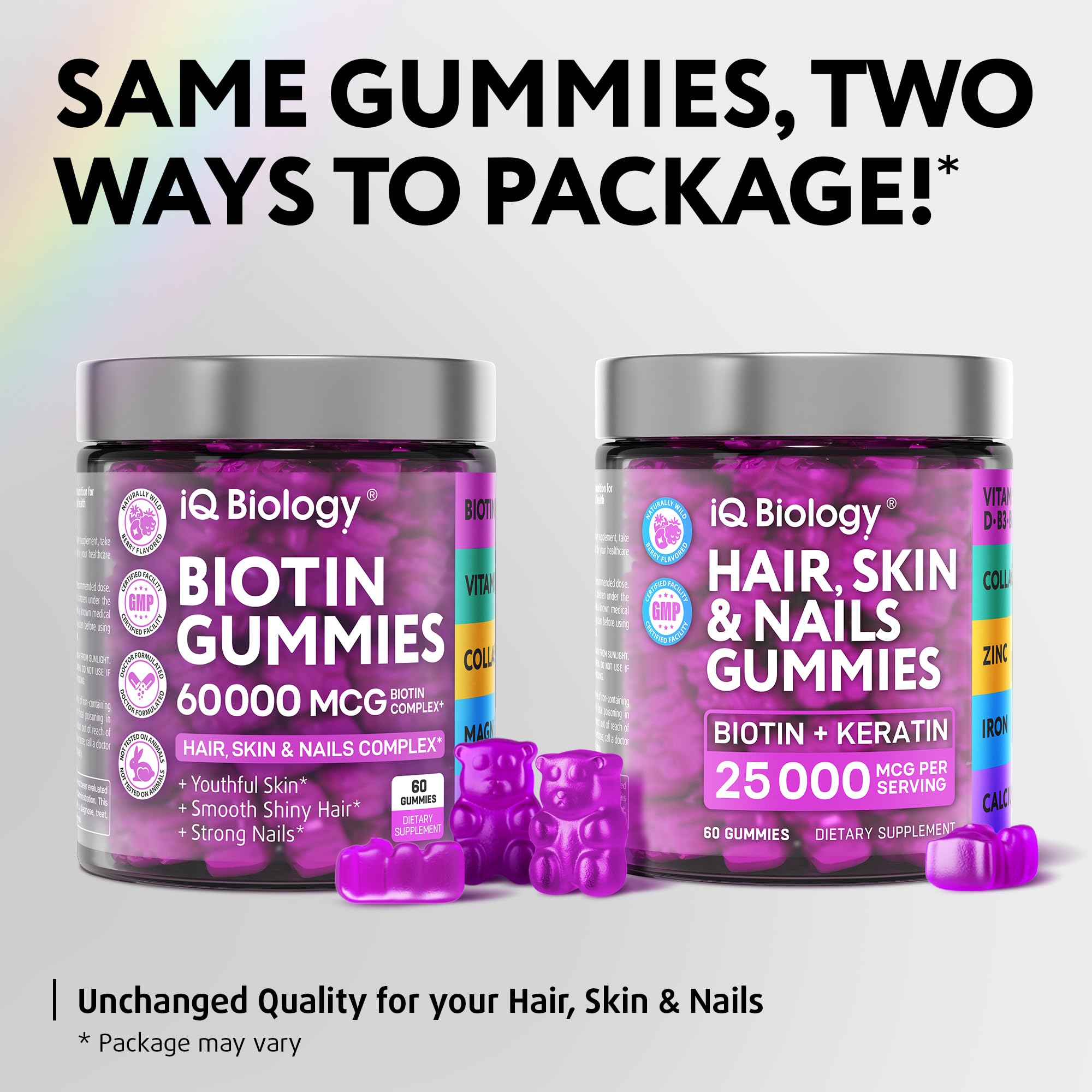 IQ Biology Biotin Gummies label closeup shows balanced 5000 mcg dose.