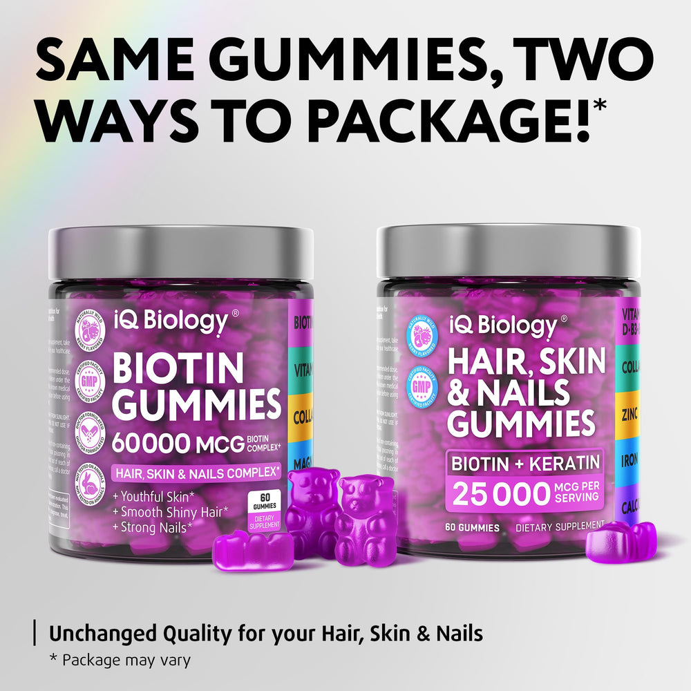 IQ Biology Biotin Gummies label closeup shows balanced 5000 mcg dose.