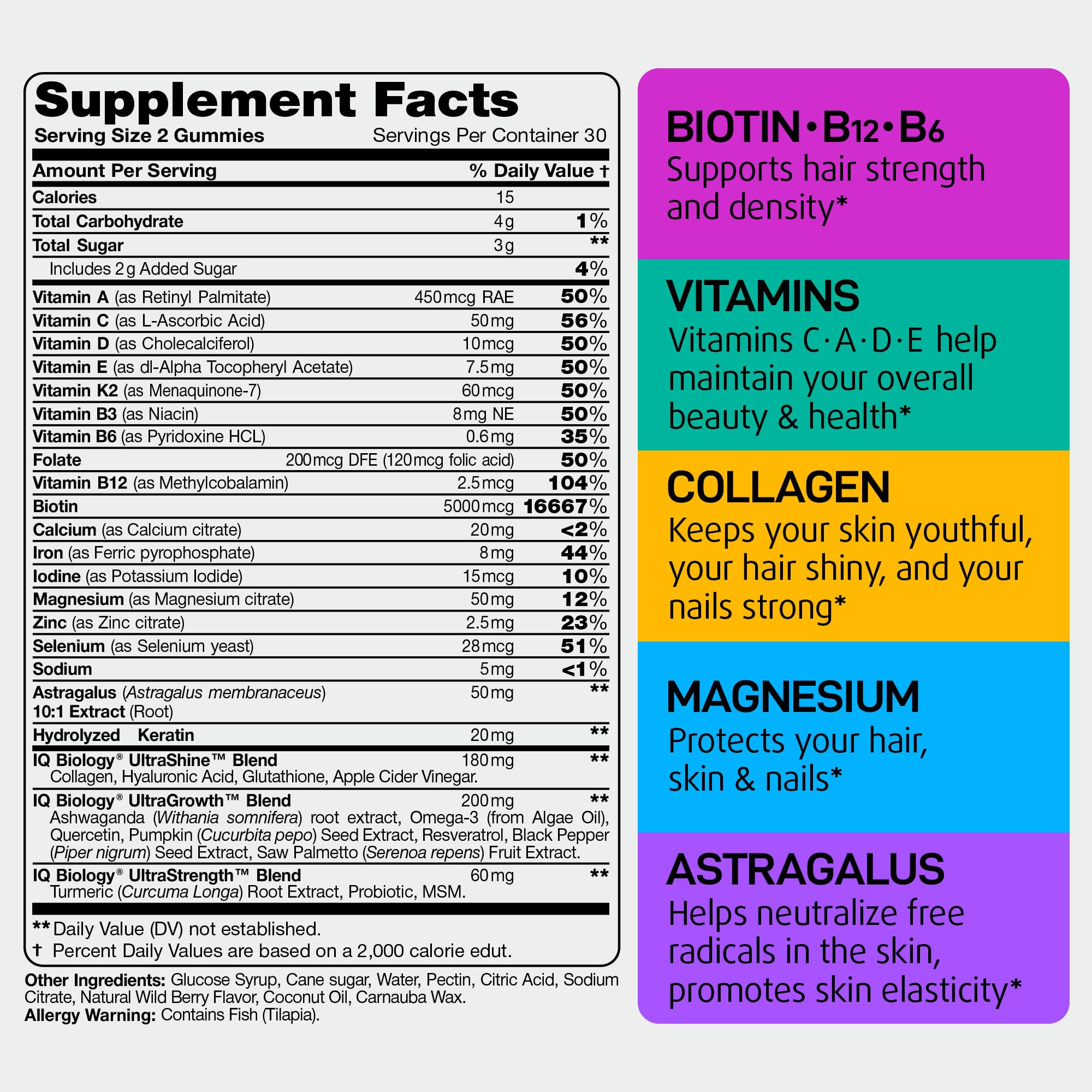IQ Biology Biotin Gummies packaging highlights clean label and premium formula.