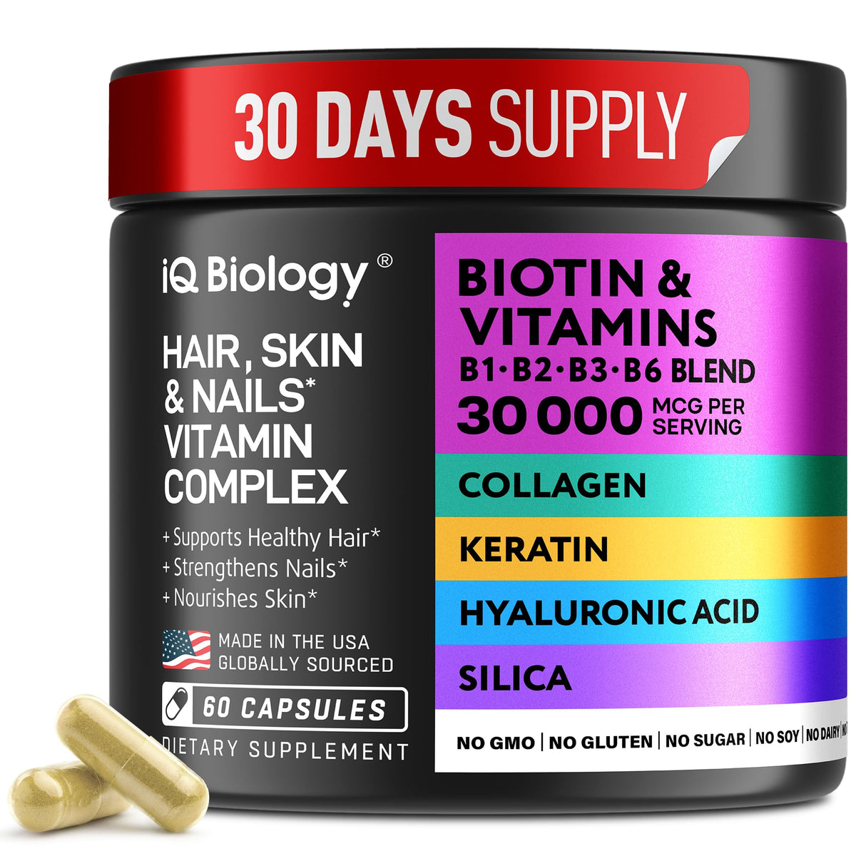 IQ BIOLOGY Biotin Hair Growth bottle for healthier hair, skin, and nails.
