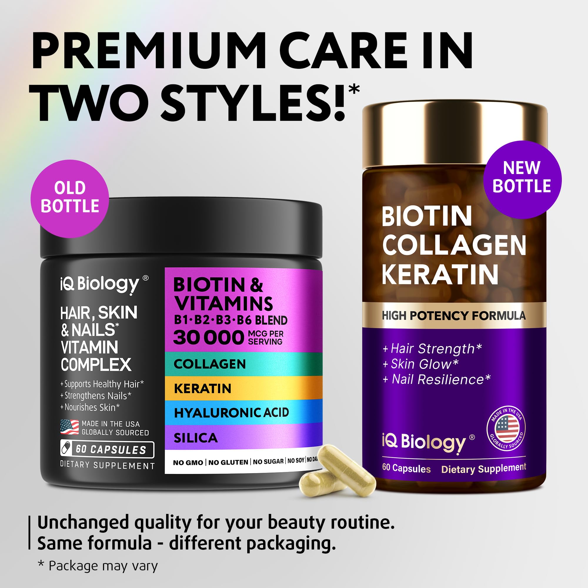 IQ BIOLOGY Collagen-Keratin complex capsules supporting nails and skin.