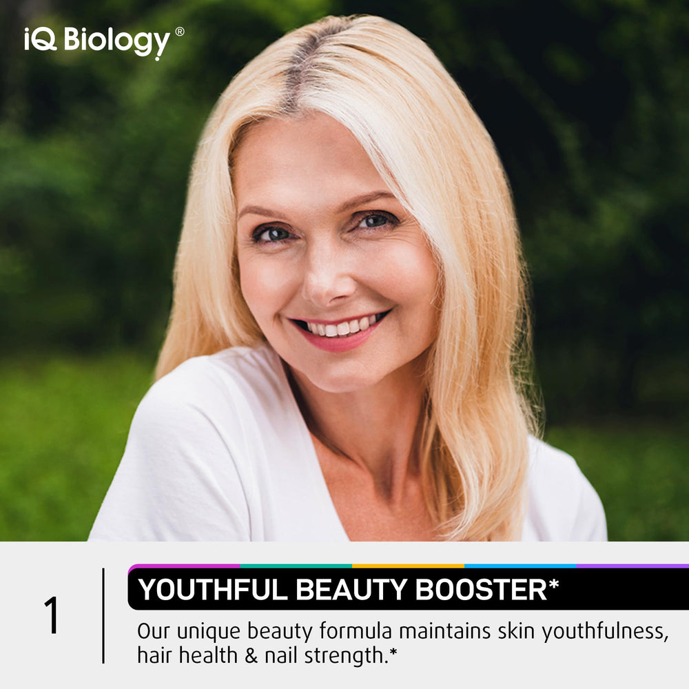 IQ BIOLOGY Hyaluronic Acid and MSM capsules for hair moisture.