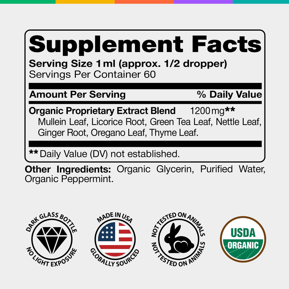 IQ Biology Mullein Drops bottle label with USDA Organic certification