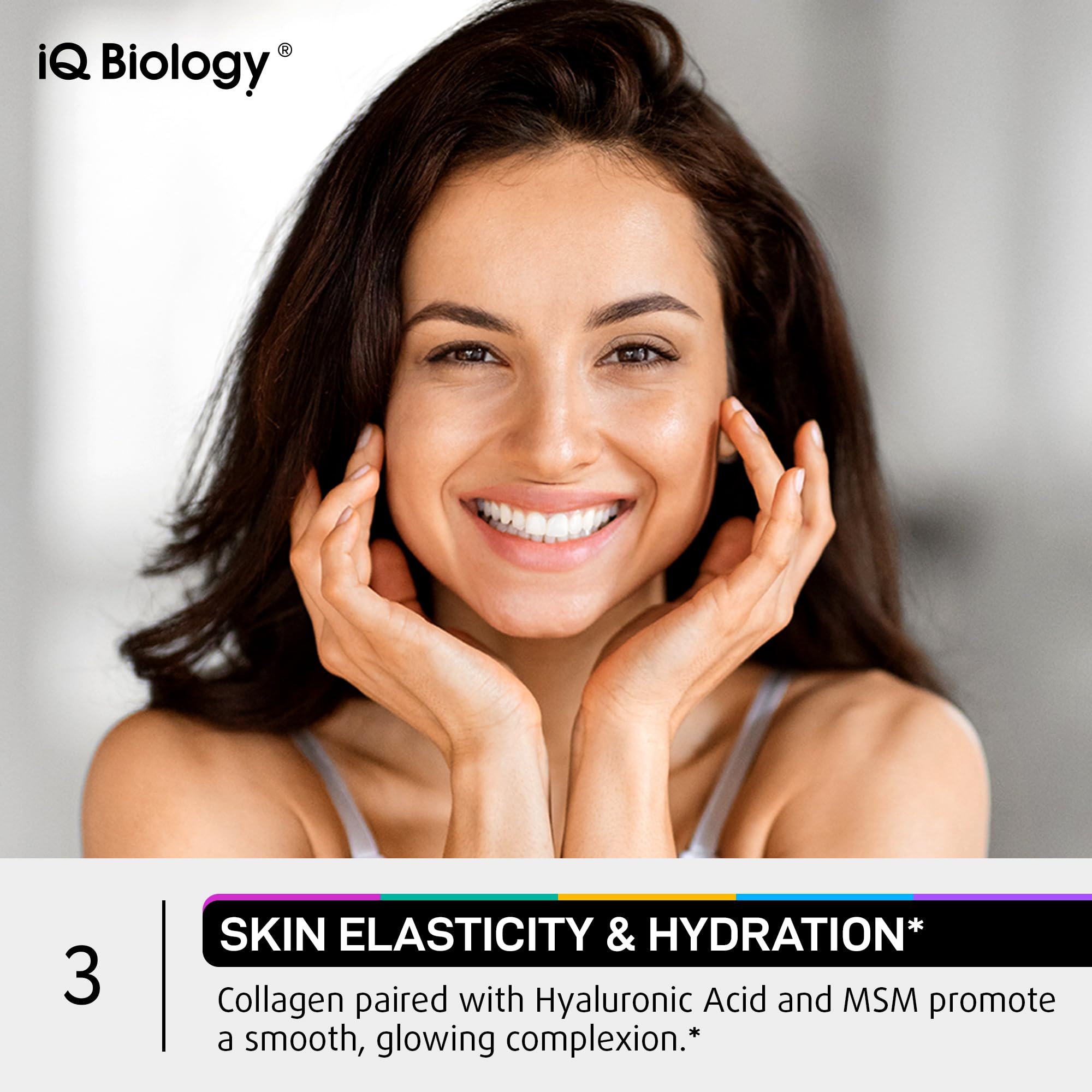 IQ BIOLOGY bottle highlighting glow-enhancing skin routine.