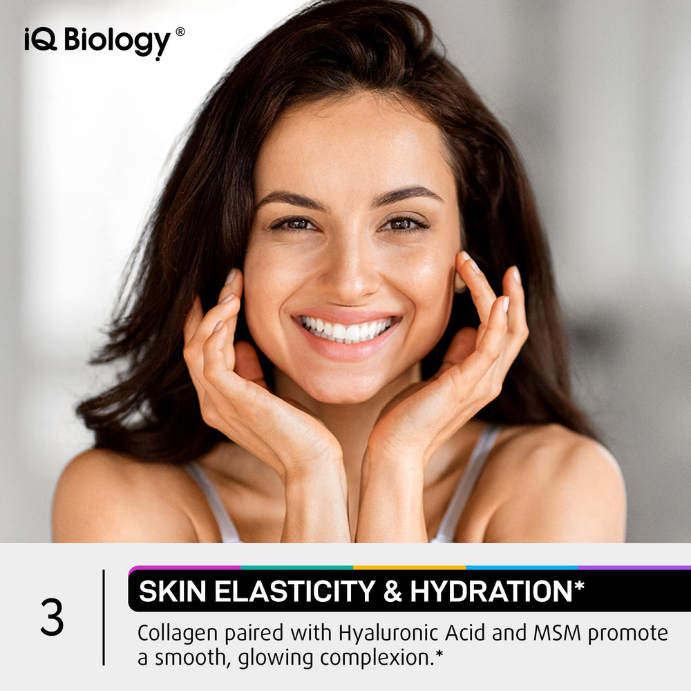 IQ BIOLOGY bottle highlighting glow-enhancing skin routine.