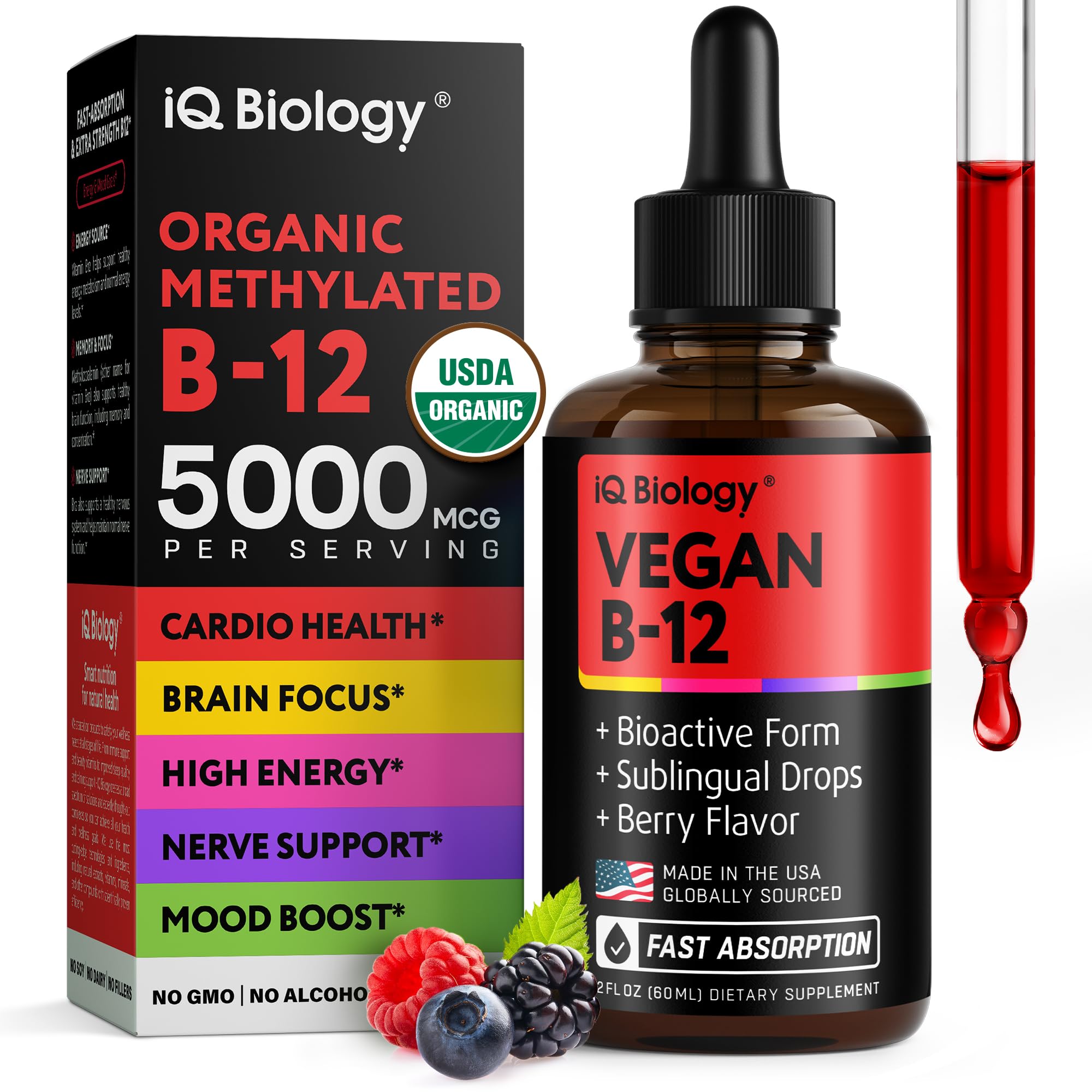 IQ Biology Organic B12 liquid drops for fast sublingual absorption and daily energy.