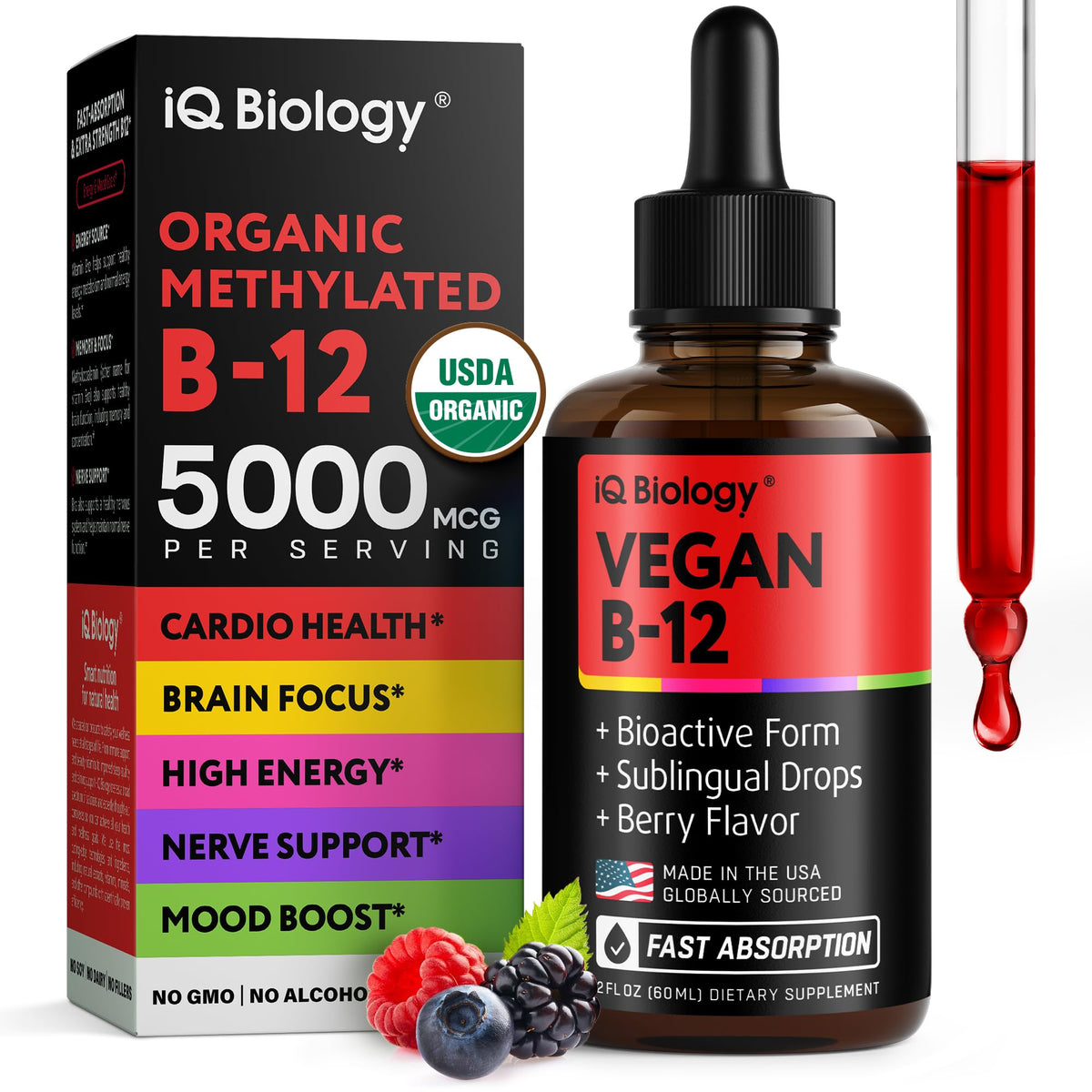 IQ Biology Organic B12 liquid drops for fast sublingual absorption and daily energy.