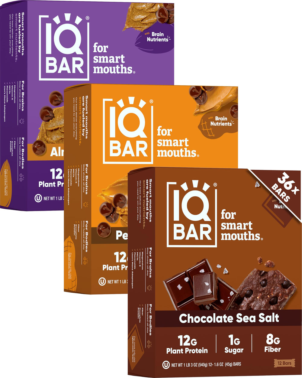 IQBAR Clean Plant Protein Bars Chocolate Lovers outer pack showing 36 bars