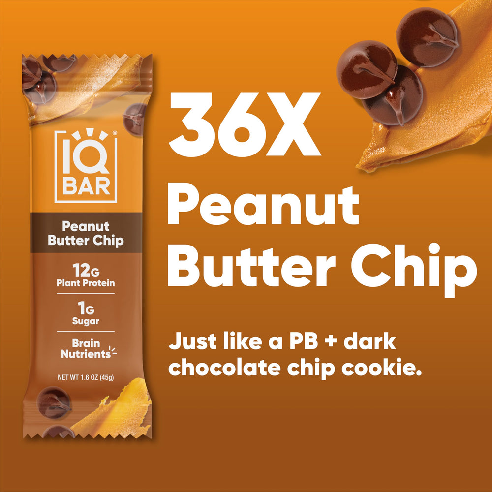 IQBAR Peanut Butter Chip bar closeup reveals texture and real ingredients.